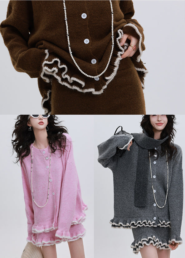 Classy Grey Ruffled Warm Knit Cardigan Two Piece Set Outfits Winter