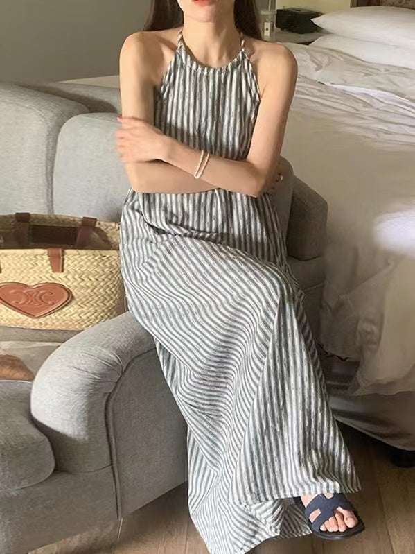 Loose Tie Open Back Striped Tank Dress