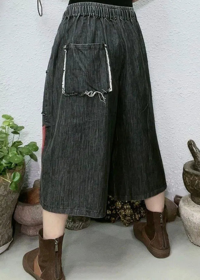 Red Pockets Patchwork Denim Wide Leg Pants Summer