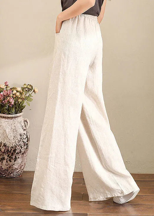 Orange-print3 Elastic Waist Linen Straight Pants Color Drawstring Summer
