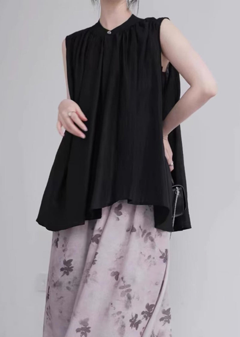 Organic Black Stand Collar Cotton a Line Shirt Sleeveless
