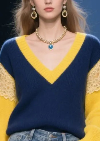 Navy Hollow Out Patchwork Lace Short Sweater Fall