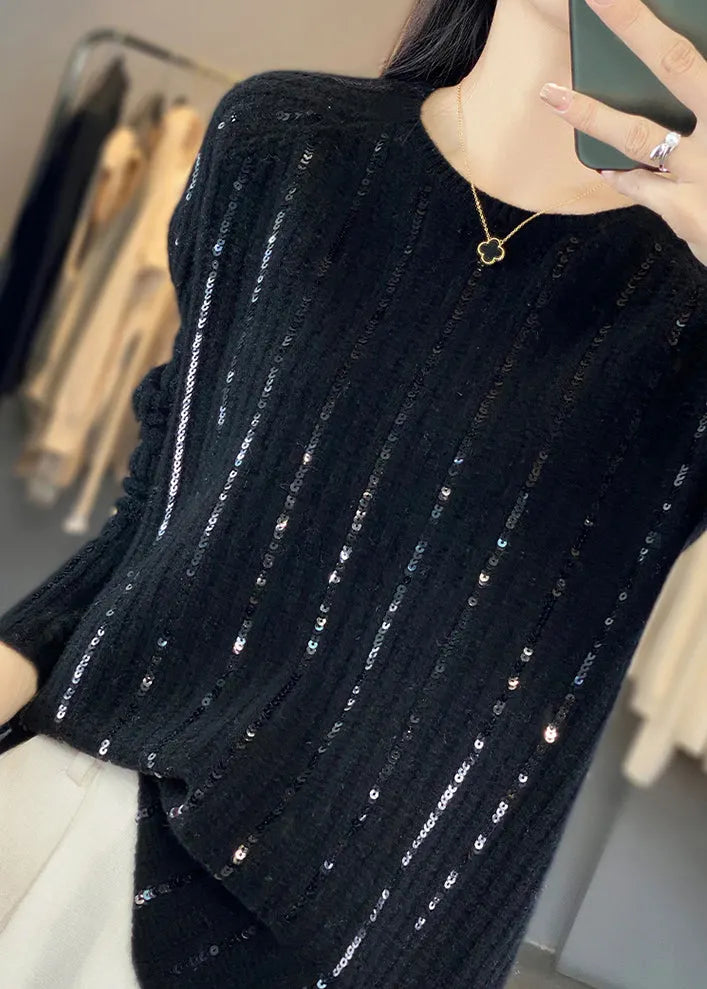 Black Sequins Patchwork Knit Short Sweater