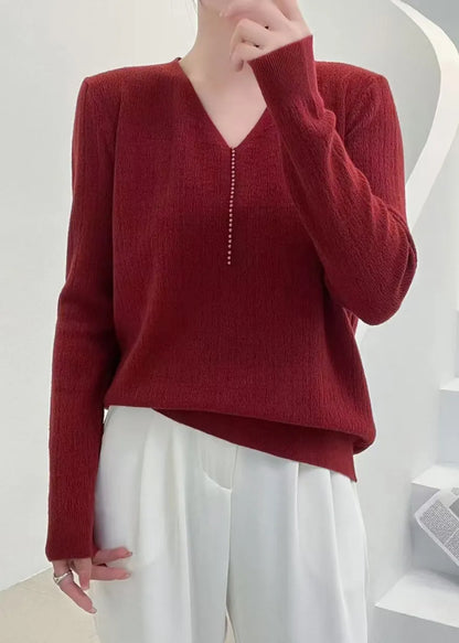 Pink V Neck Nail Bead Knit Sweater Fall