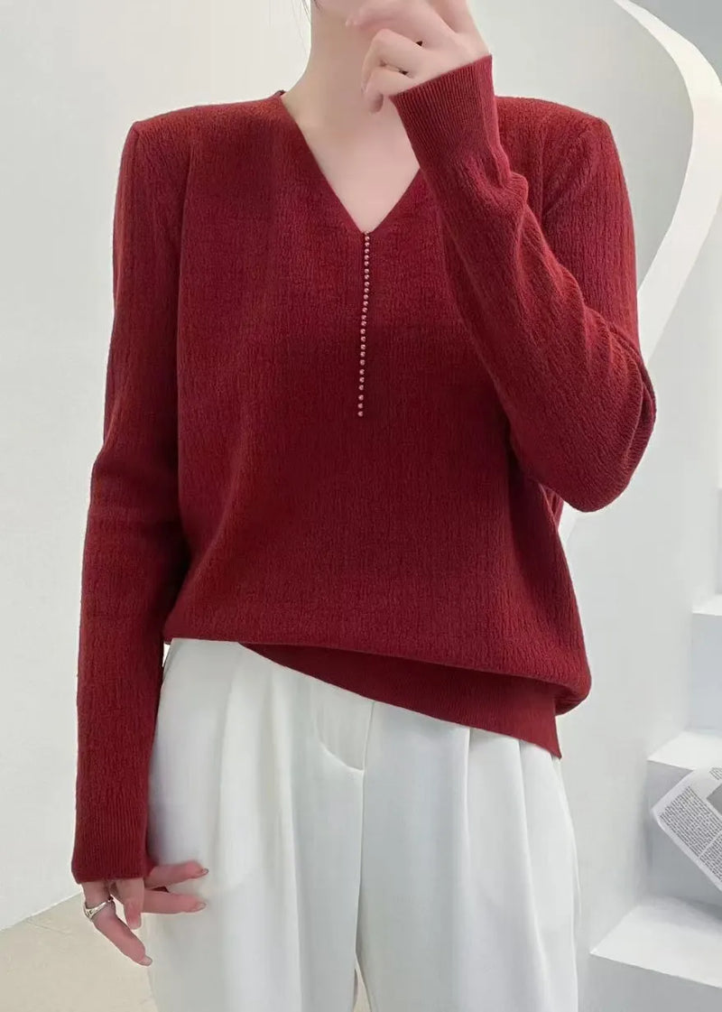 Pink V Neck Nail Bead Knit Sweater Fall