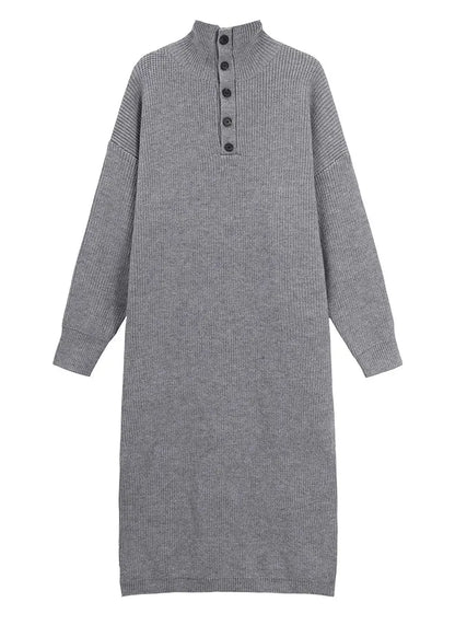 Grey Hign Neck Button Long Knit Sweaters Dress Winter