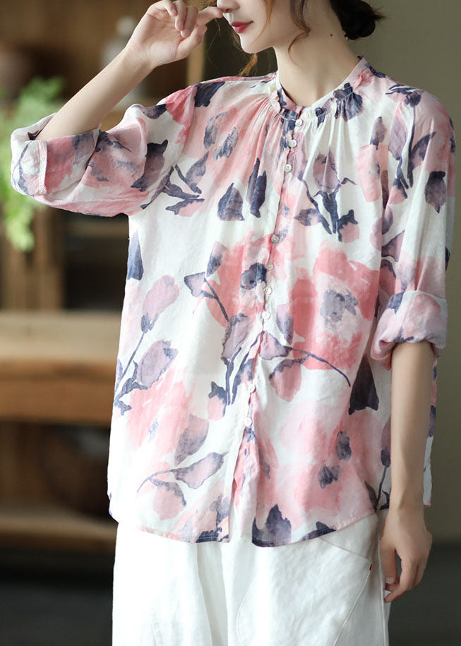 Pink Stand Collar Print Patchwork Cotton Shirt Tops Long Sleeve