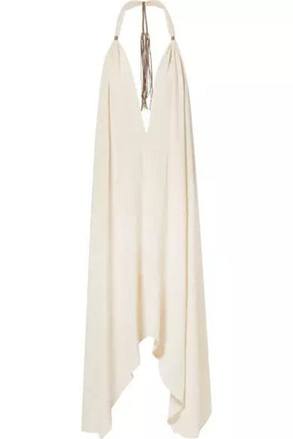 Bali Dreams Linen Blend Leather Tassel Design Halter Backless Beach Maxi Dress
