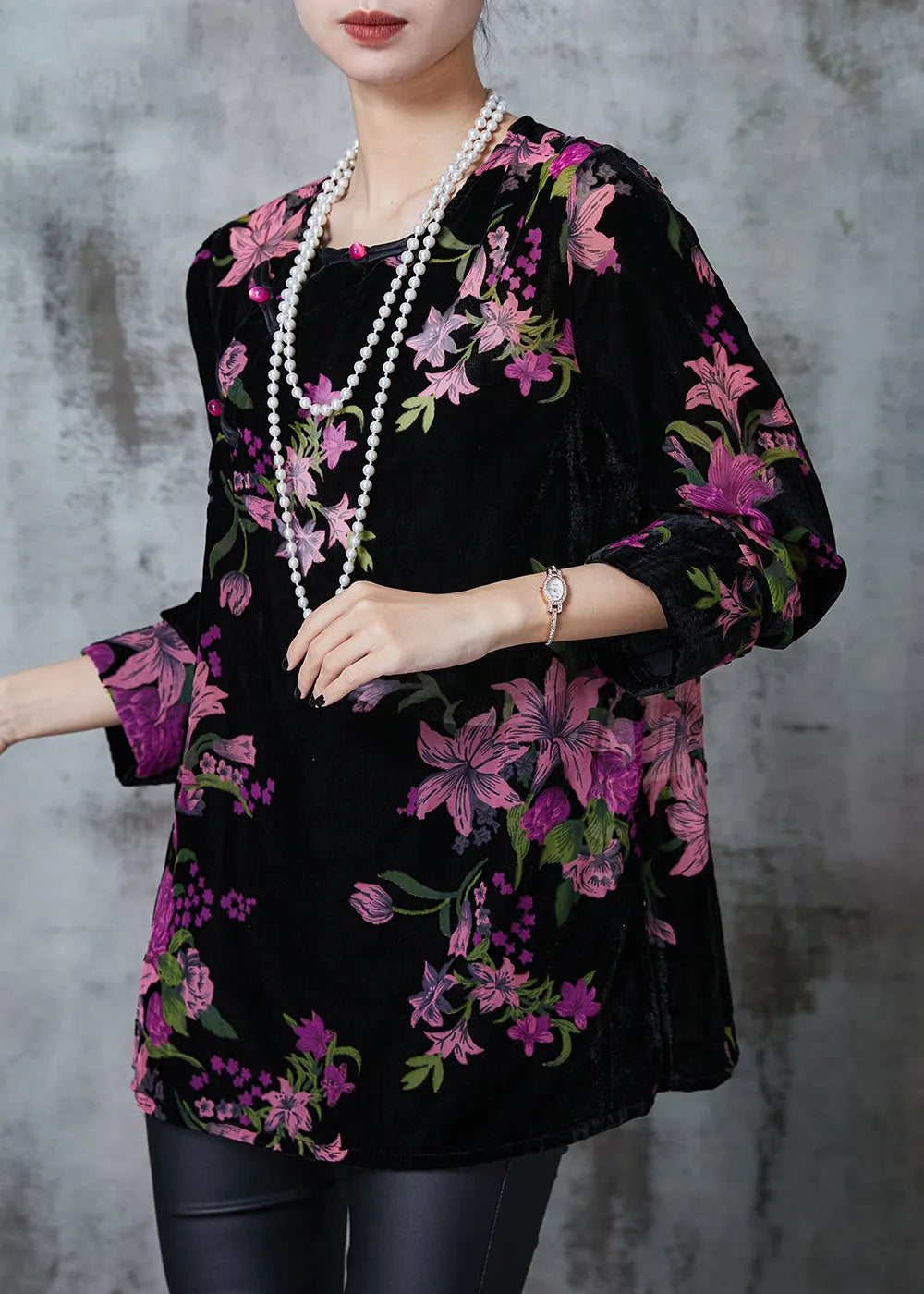 Black Print Chinese Button Silk Velour Shirt Fall