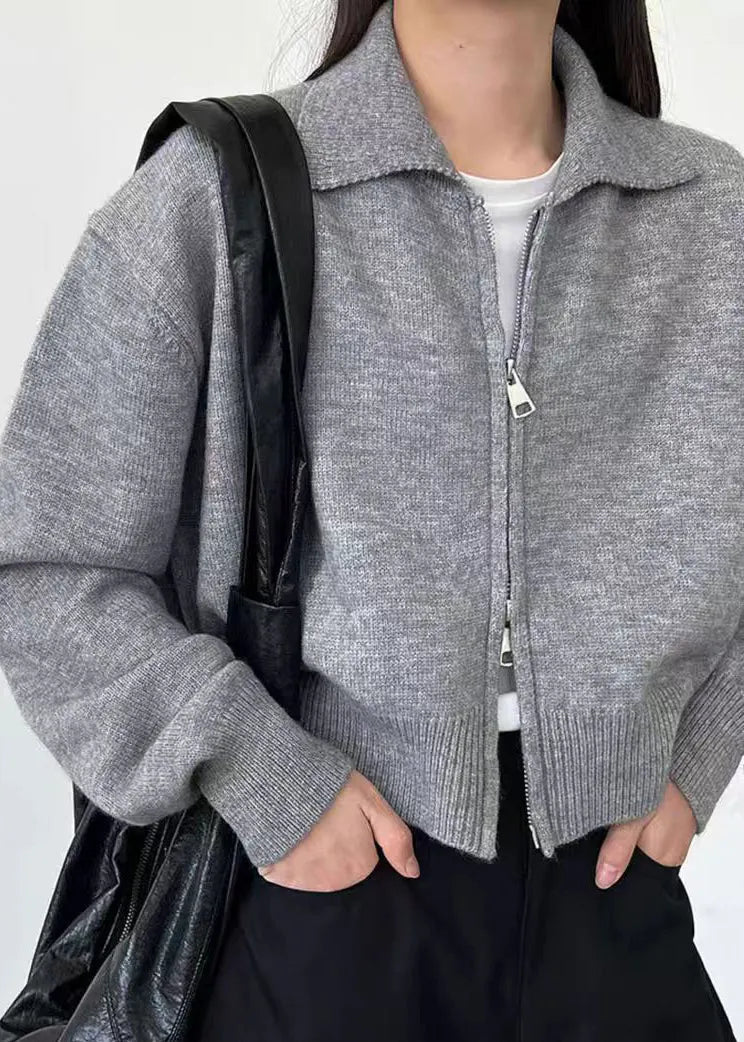 Grey Cotton Knit Cardigan Peter Pan Collar Long Sleeve