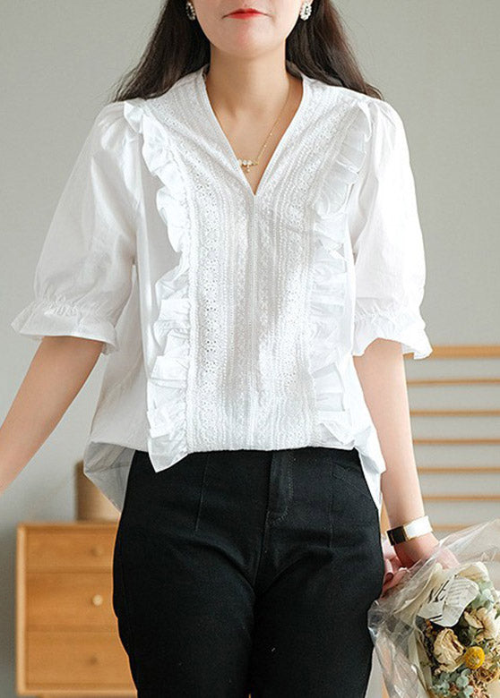 White V Neck Ruffled Linen T Shirt Half Sleeve