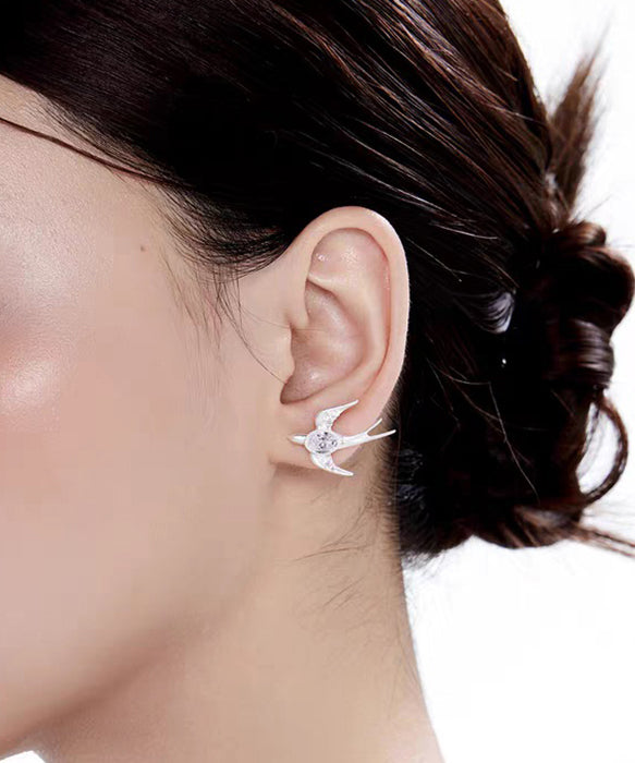 Unique Silver Asymmetric Zircon Little Bird Silver Stud Earrings