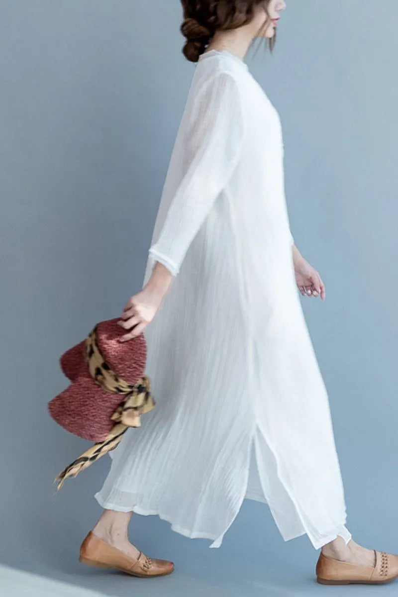 White Silk Linen Long Summer Dresses V-neck Clothing