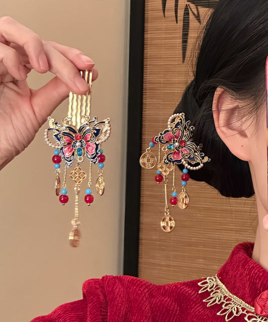 Red Copper Alloy Butterfly Tassel Single Hairpin