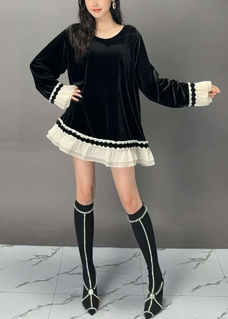 New Black O-neck Patchwork Silk Velour Tops Flare Sleeve