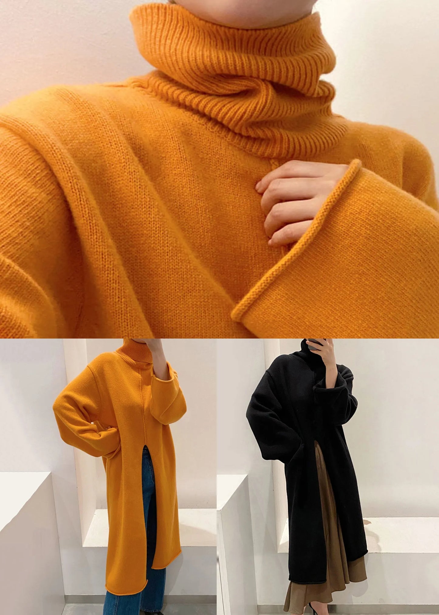 Black Front Open Knit Winter Sweater Dress Turtleneck