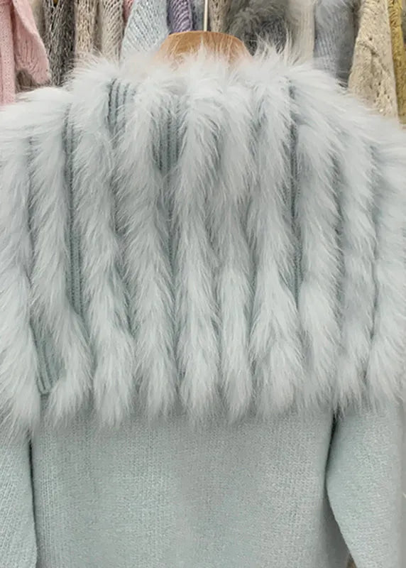 Natural Light Blue Fox Collar Zippered Patchwork Cotton Knit Cardigans Winter