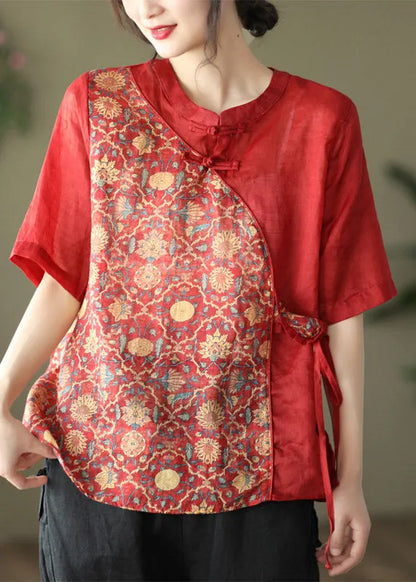 Red Stand Collar Print Tie Waist Linen Shirt Half Sleeve