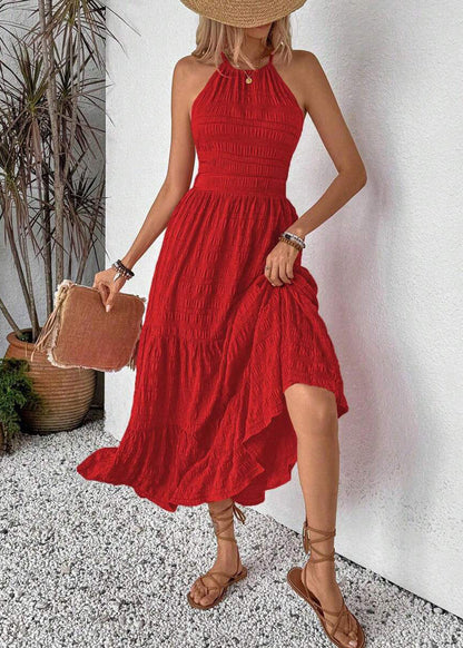 Stylish Red Backless Lace Up Cotton Long Dress Summer