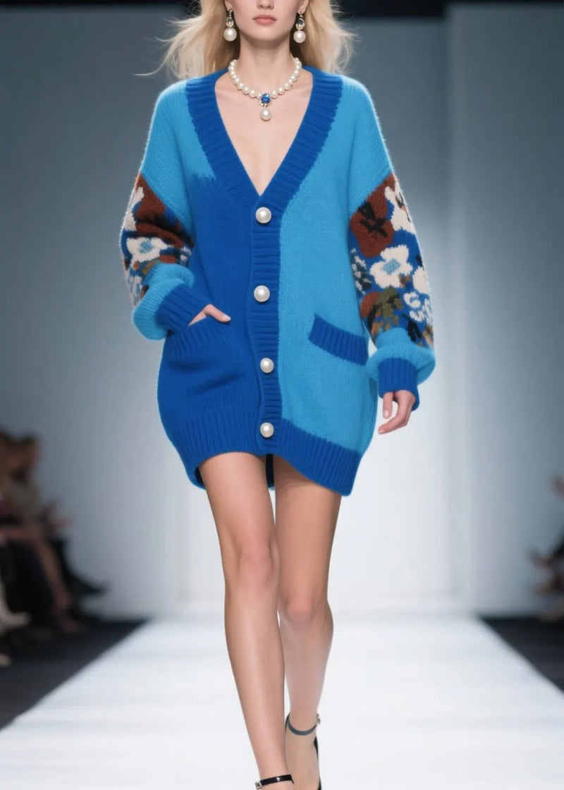 Loose Blue V Neck Print Pockets Button Knit Cardigan Fall