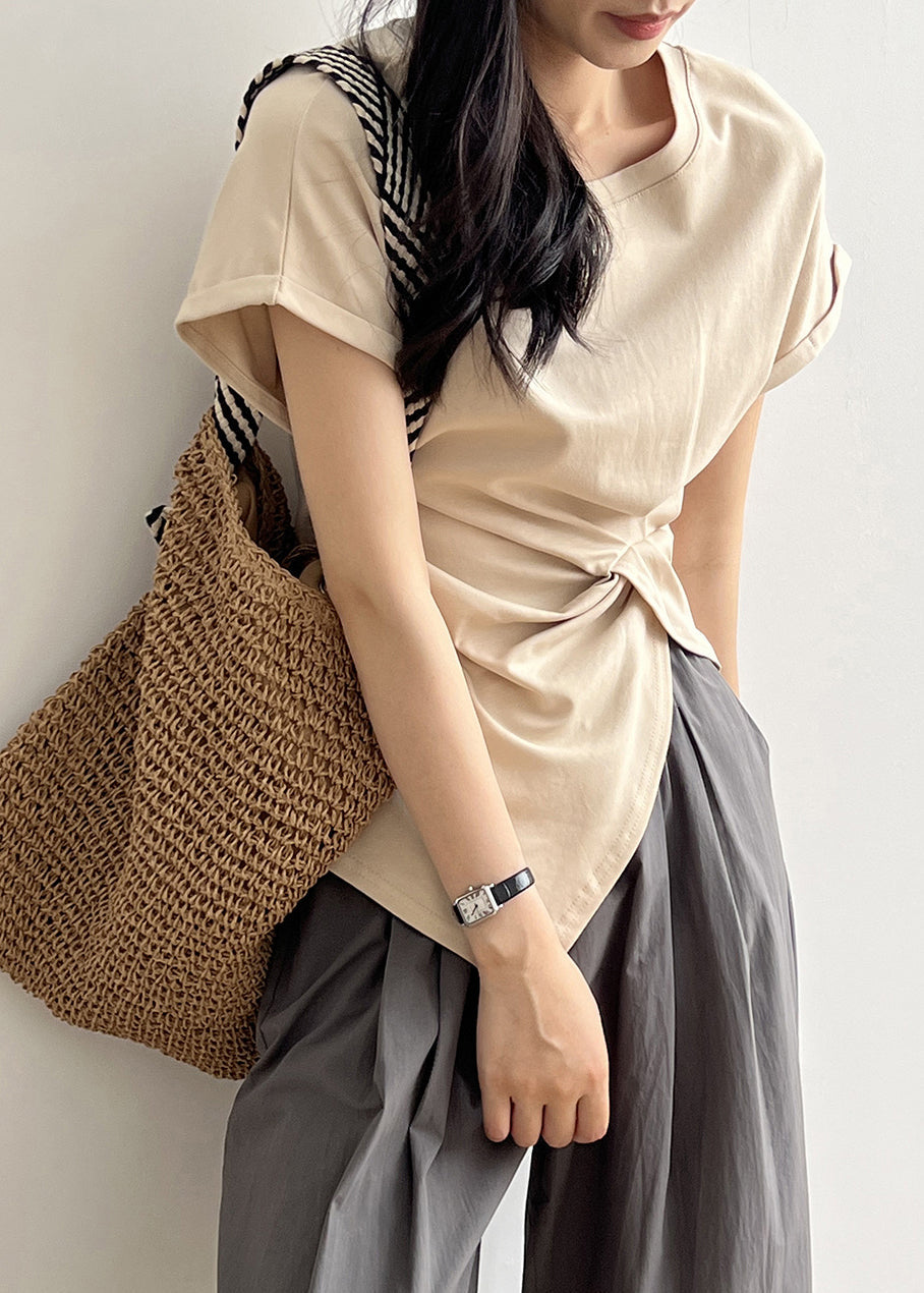 Apricot O Neck Asymmetrical Design Cotton T Shirt Summer