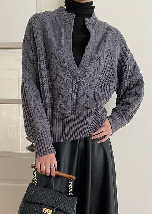 Loose Grey V Neck Cozy Knit Sweaters Long Sleeve