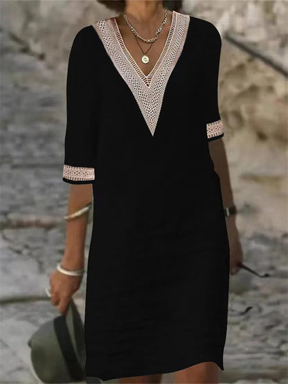 Colour V-neck Lace Trimmed Mid-sleeved Cotton and Linen Dress