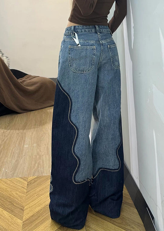 Fitted Colorblock Embroidered Denim Straight Pants Spring