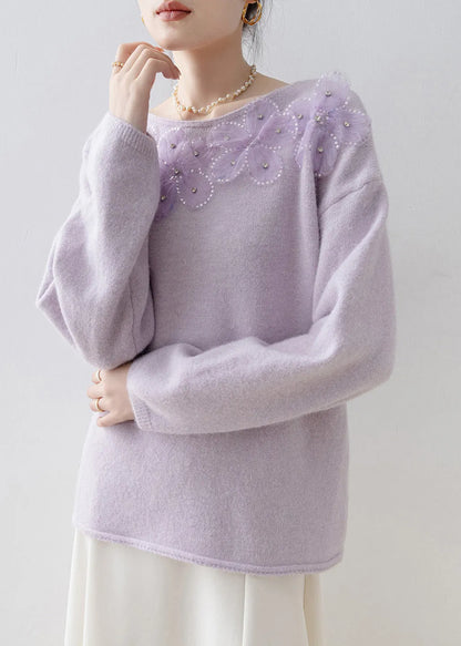Purple O Neck Sequins Zircon Knit Top Spring