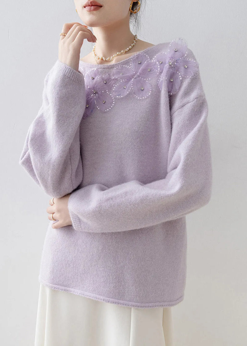 Purple O Neck Sequins Zircon Knit Top Spring