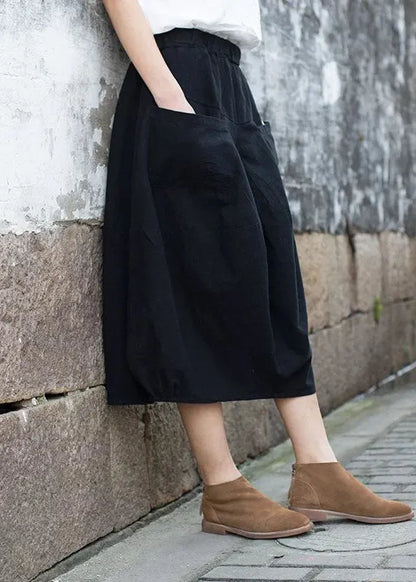 Modern Black Elastic Waist Patchwork Linen a Line Skirt Fall