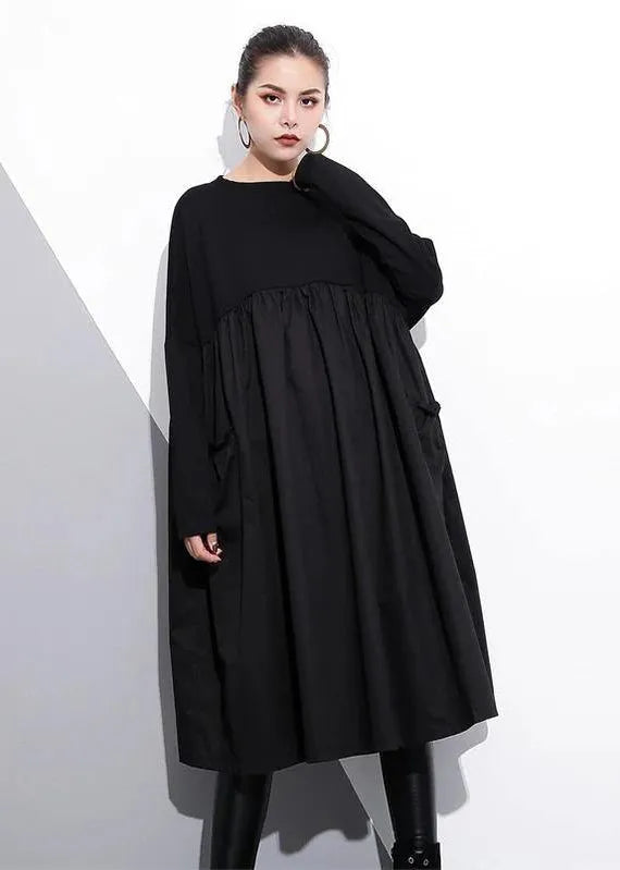 Cinched O Neck Cotton Clothes for Tutorials Black Dresses