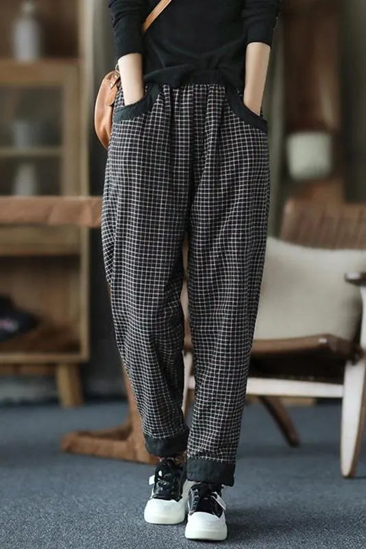 Cotton Linen Plaid Elastic Waist Pants