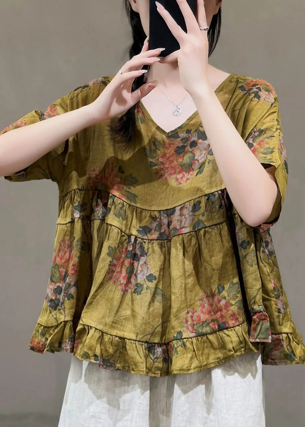 Navy V Neck Print Linen Top Short Sleeve