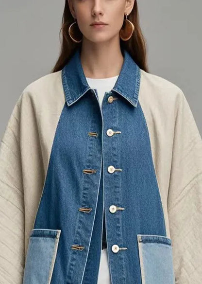 Colorblock Oversized Patchwork Denim Coat Outwear Batwing Sleeve
