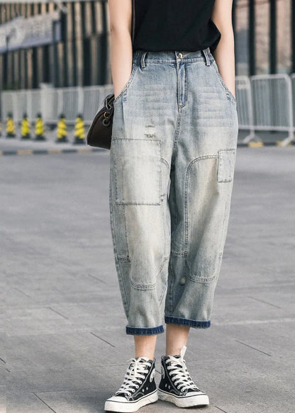 Blue Oversized Patchwork Applique Denim Ripped Pants Summer