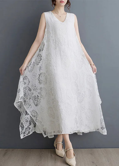 Black O-neck Asymmetrical Hollow Out Holiday Lace Maxi Dress Summer