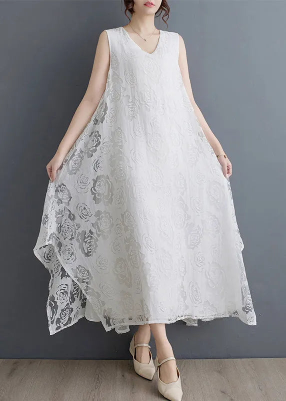Black O-neck Asymmetrical Hollow Out Holiday Lace Maxi Dress Summer