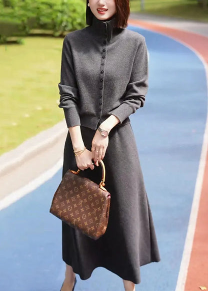 Dark Grey Stand Collar Cotton Knit Cardigans and Maxi Skirts Two Piece Set Winter