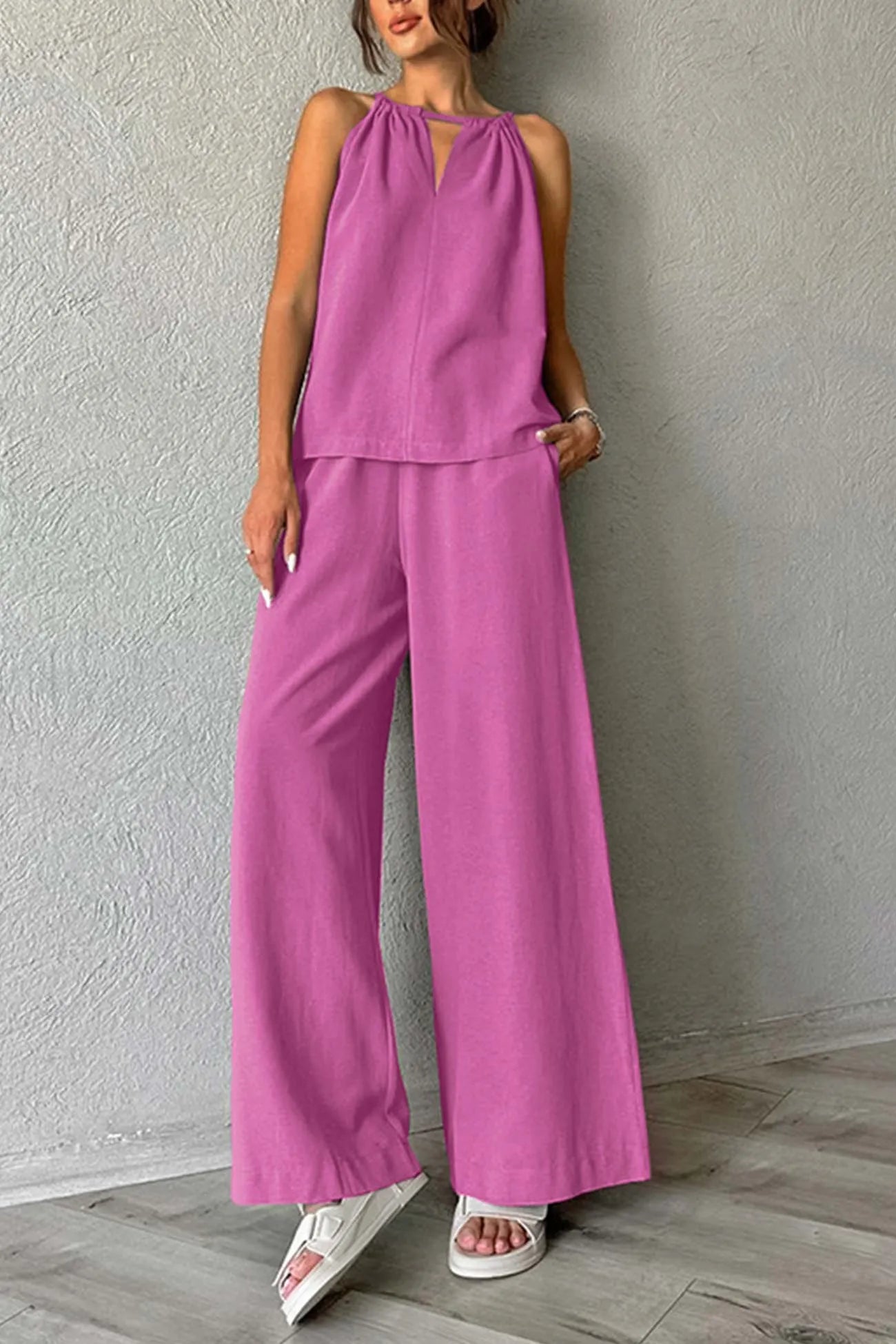 Tie-up Cutout Cotton Tank Top Long Pants Suits