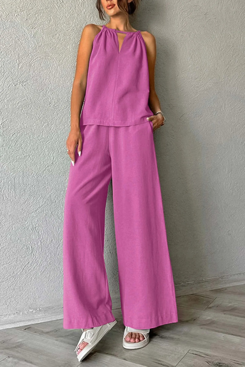 Tie-up Cutout Cotton Tank Top Long Pants Suits
