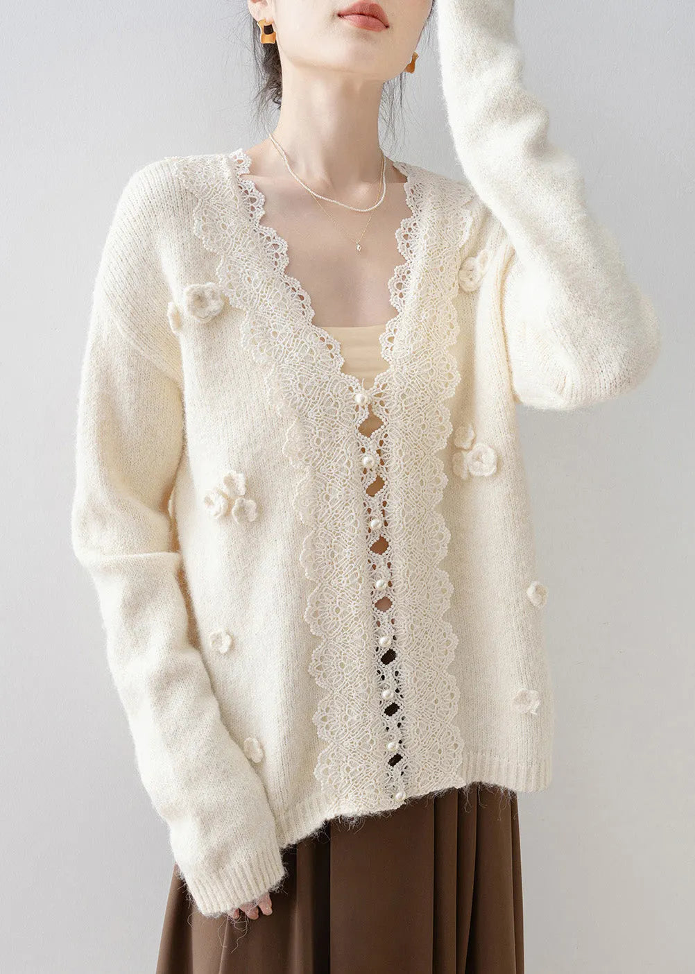Beige V Neck Lace Button Knit Cardigan Spring