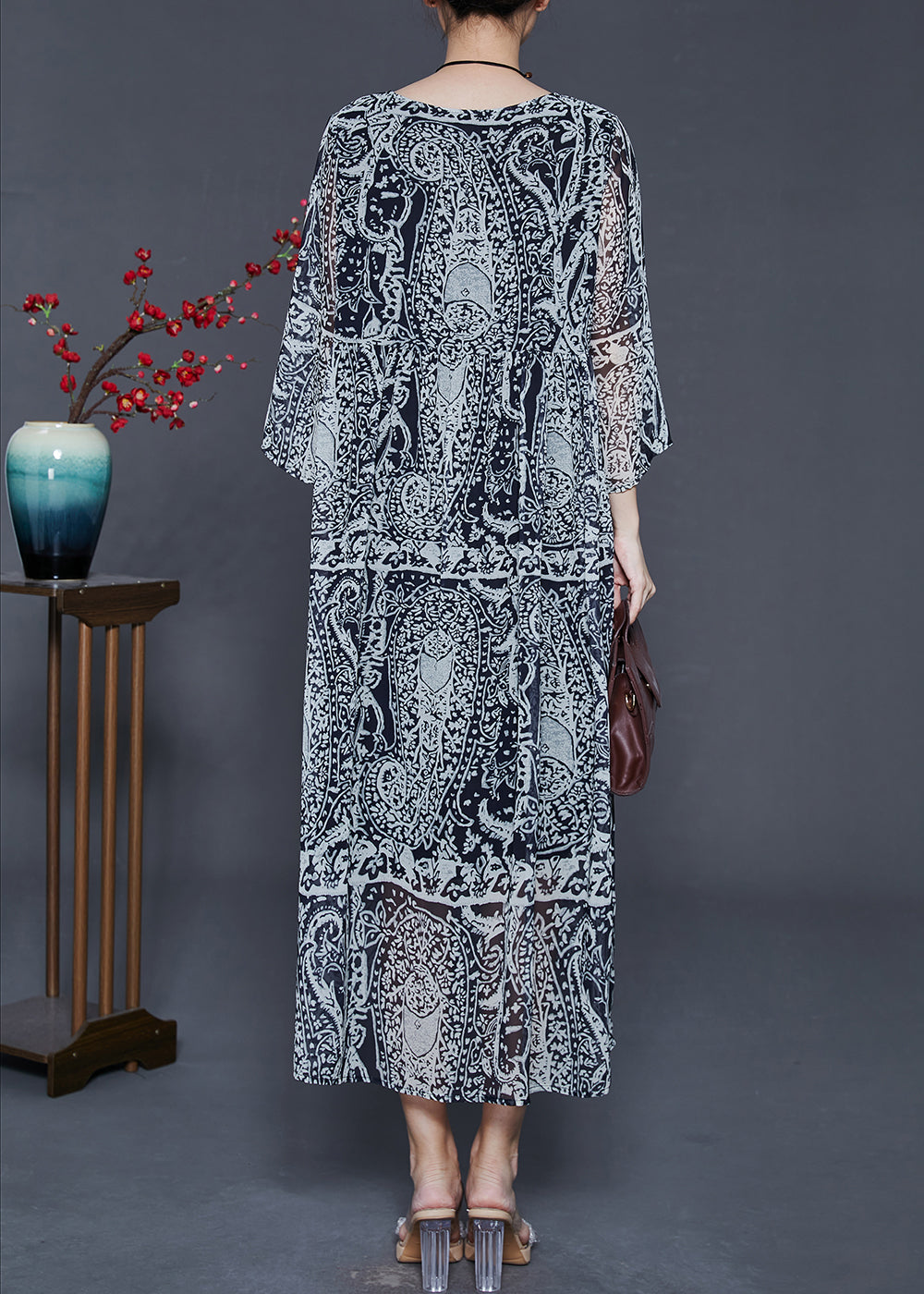 Grey Oversized Print Chiffon Dress Summer