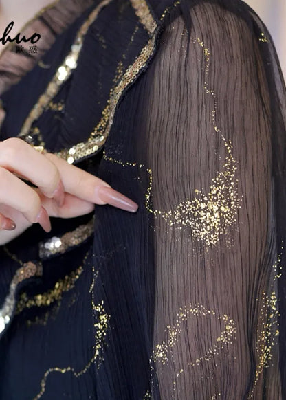 Black Stand Collar Sequins Chiffon Top Short Sleeve