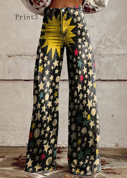 Print Pockets Loose Denim Wide Leg Pants High Waist Spring