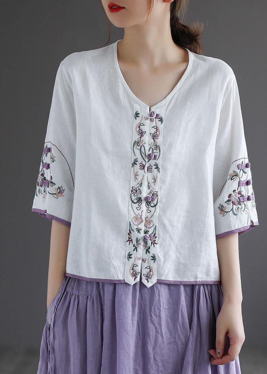Purple Retro O-neck Oriental Summer Blouses Half Sleeve