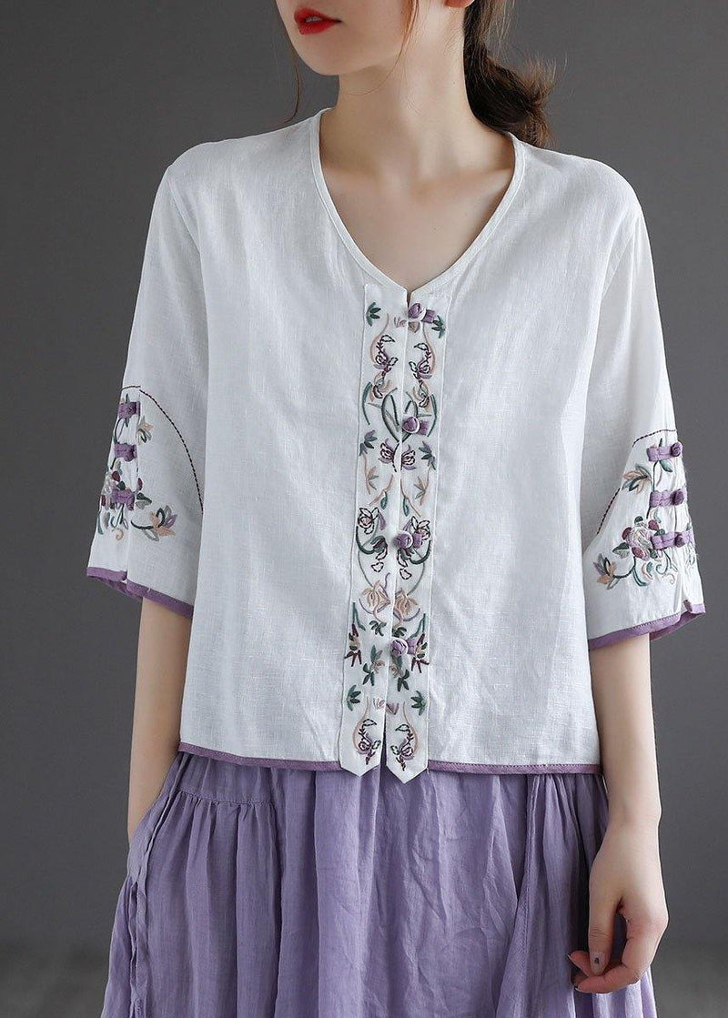 Diy White Button Embroidered Summer Linen Half Sleeve Shirt Top