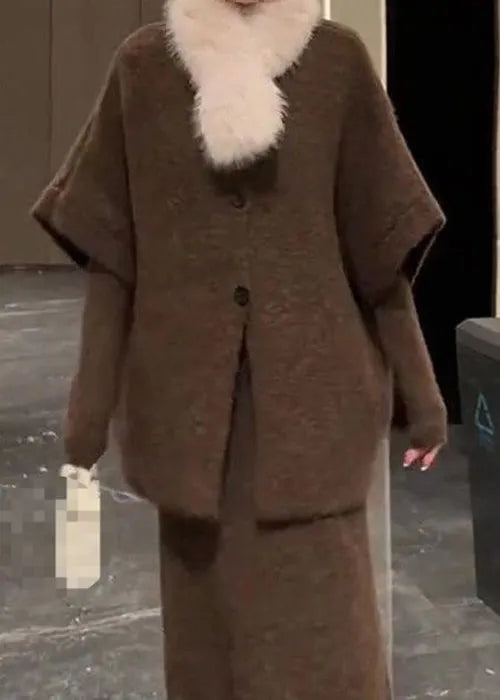 Original Coffee Fur Collar Knit Three Piece Set Batwing Sleeve