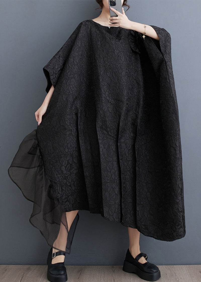 Black Tulle Patchwork Maxi Asymmetrical Dress Batwing Sleeve