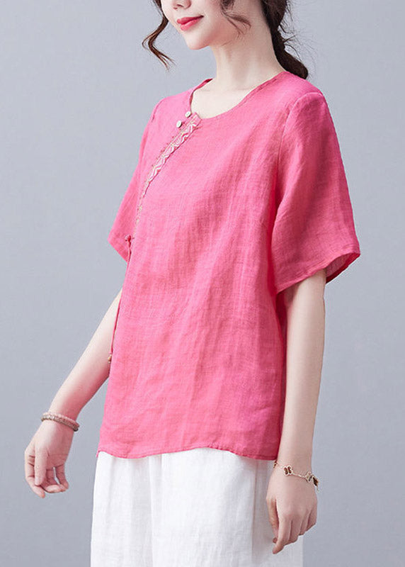 French Rose O-neck Embroidered Linen T Shirt Short Sleeve